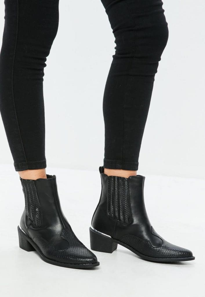 taylor swift reputation tour outfit ideas black snake pattern cowboy chelsea boots missguided
