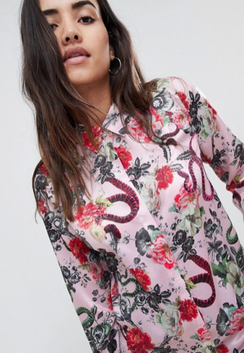 taylor swift reputation tour outfit ideas ASOS DESIGN Satin Shirt In Floral Snake Print